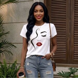 White Graphic Tee with Red Lips Face Print